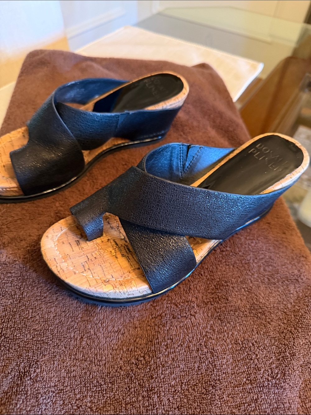 Donald J. Pliner Black Leather Cork-Trim Slide Wedge Mules  - size 7.5